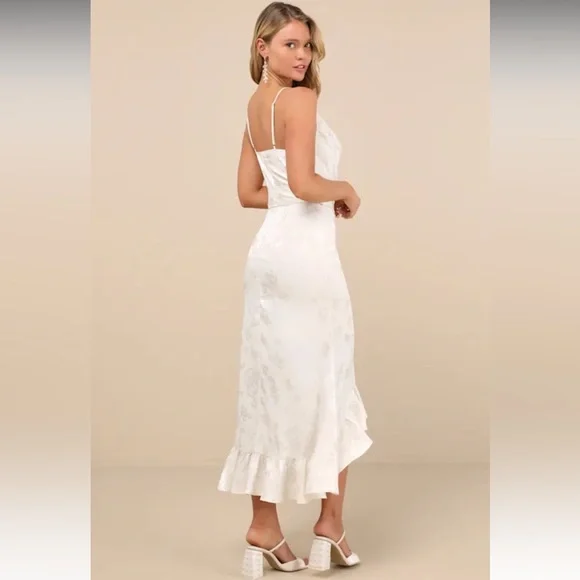 Lulu's Modern Passion Ivory Floral Satin Jacquard Ruffled Midi Dress - Picture 3 of 10